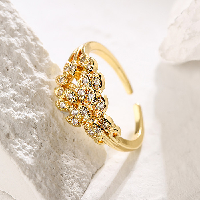خاتم مفتوح من النحاس المطلي بالذهب عيار 18 قيراط على شكل زهرة أوراق الشجر بأسلوب بسيط بكميات كبيرة