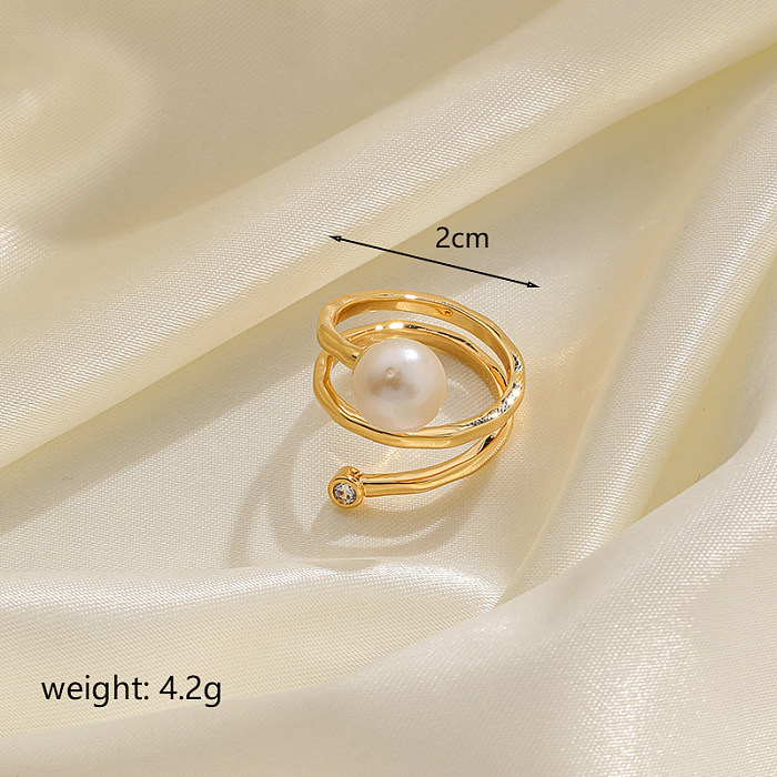 Retro Commute Solid Color Copper Plating Inlay Freshwater Pearl Zircon 18K Gold Plated Rings