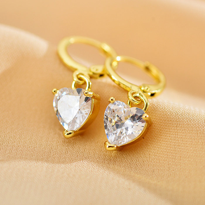 1 Pair Sweet Heart Shape Copper Inlay Zircon Drop Earrings