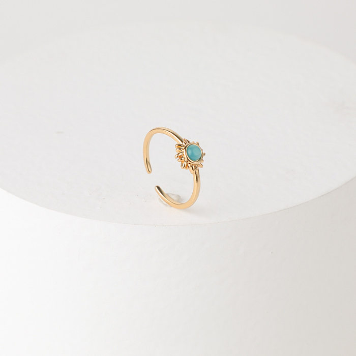 Fashion Retro Sun Gemstone Brass Plated 14k Real Gold Open Adjustable Ring