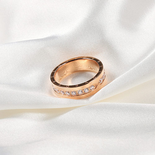 Lady Letter Stainless Steel Inlay Zircon Rose Gold Plated Rings