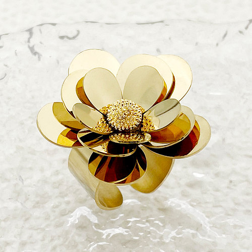 Estilo vintage flor de deslocamento em aço inoxidável banhado a ouro anéis abertos