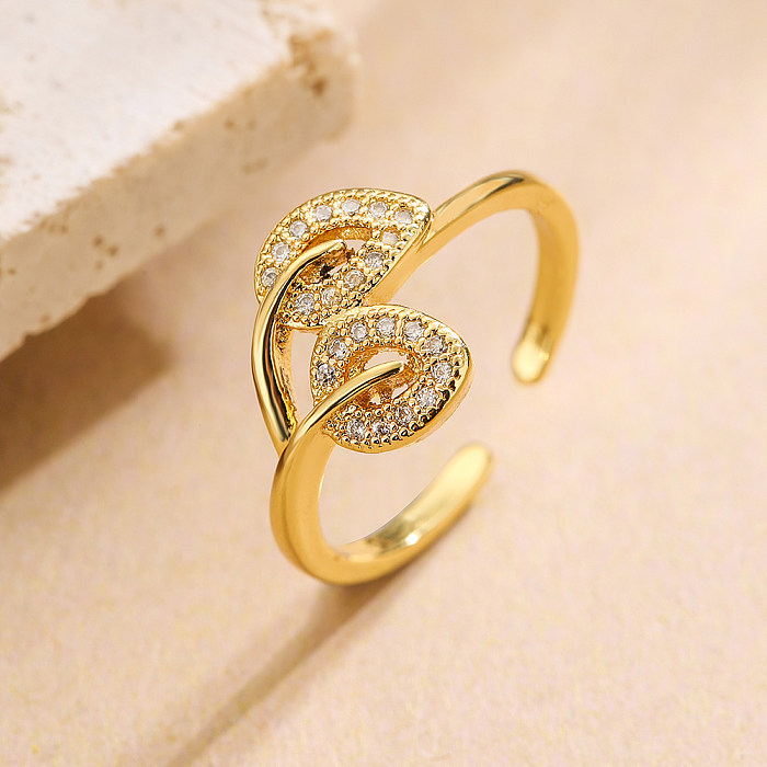 Simple Style Commute Leaf Flower Copper 18K Gold Plated Zircon Open Ring In Bulk