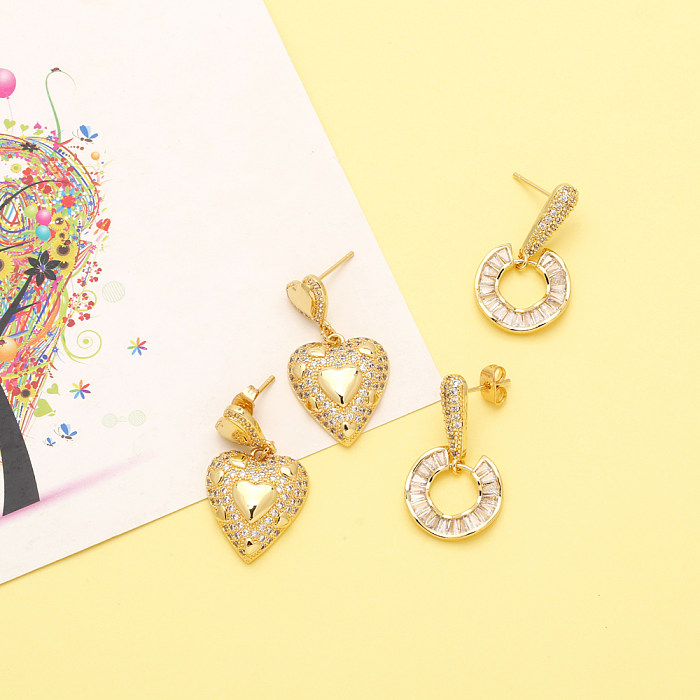 1 Pair Basic Streetwear Circle Heart Shape Plating Inlay Copper Zircon 18K Gold Plated Drop Earrings