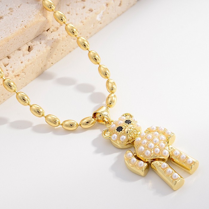 Cute Streetwear Little Bear Copper Gold Plated Pearl Pendant Necklace In Bulk
