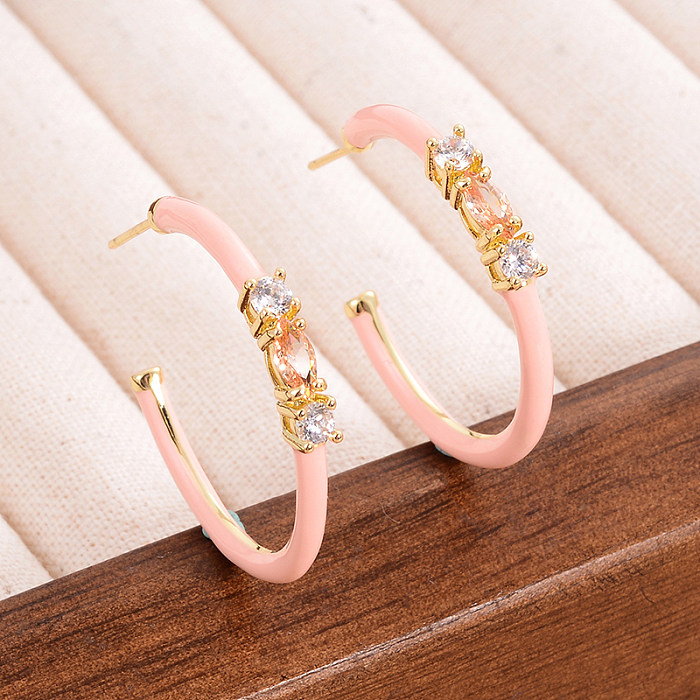1 Pair Simple Style C Shape Enamel Plating Inlay Copper Zircon 14K Gold Plated Ear Studs