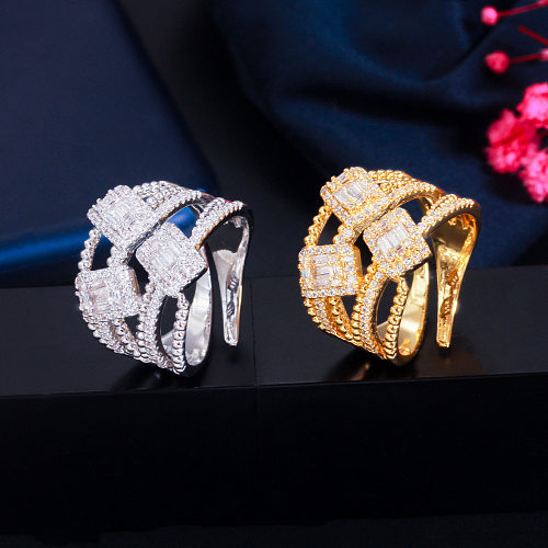 Luxueux incrustation de cuivre de couleur unie, pierres précieuses artificielles, plaqué or blanc 14 carats, anneaux plaqués rhodium
