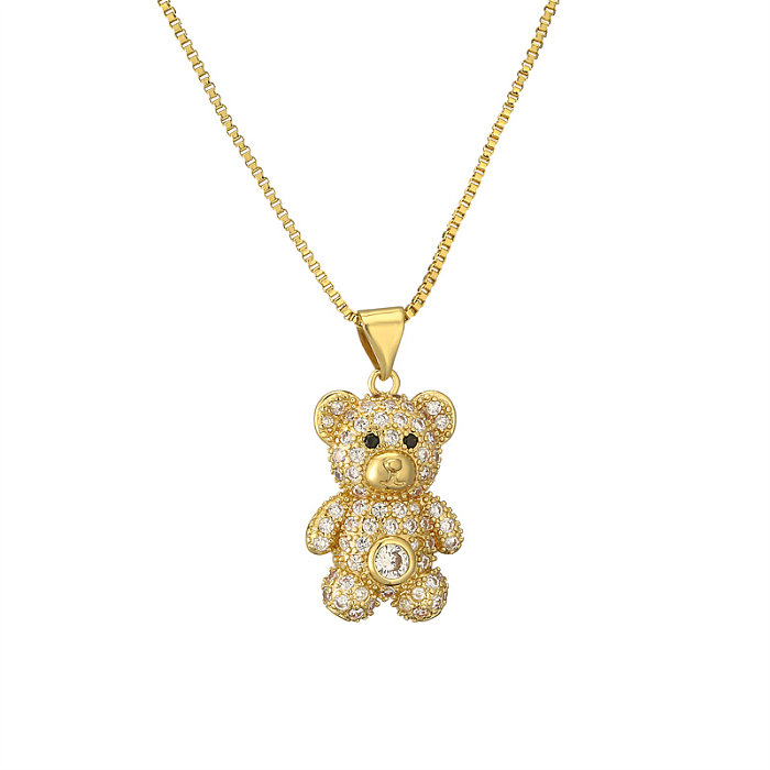 Collier pendentif décontracté mignon petit ours en cuivre, incrustation de Zircon plaqué or