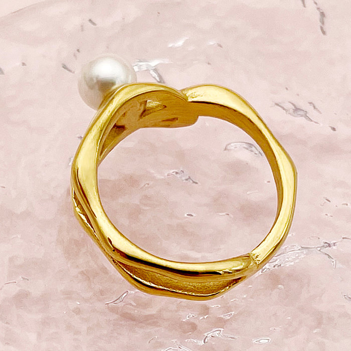 Estilo simples cor sólida chapeamento de aço inoxidável pérolas artificiais anéis banhados a ouro