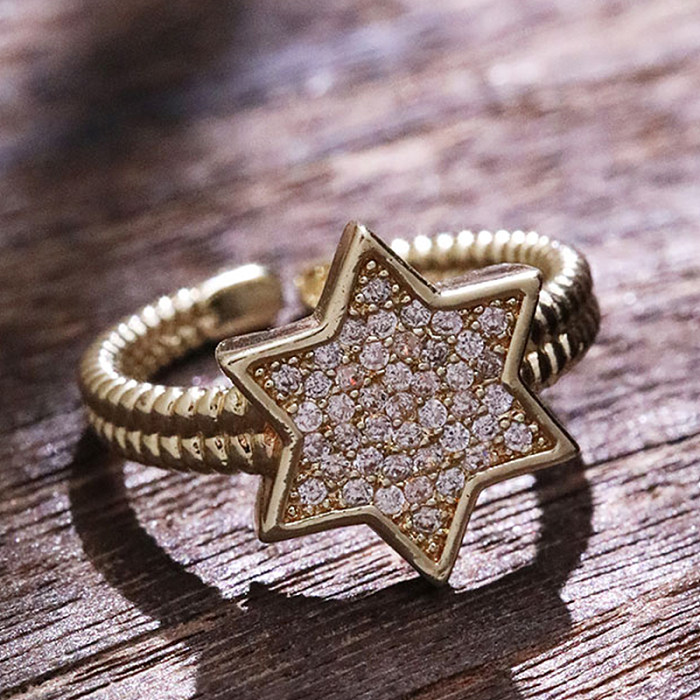 Casual Korean Style Star Copper Inlay Zircon Open Rings