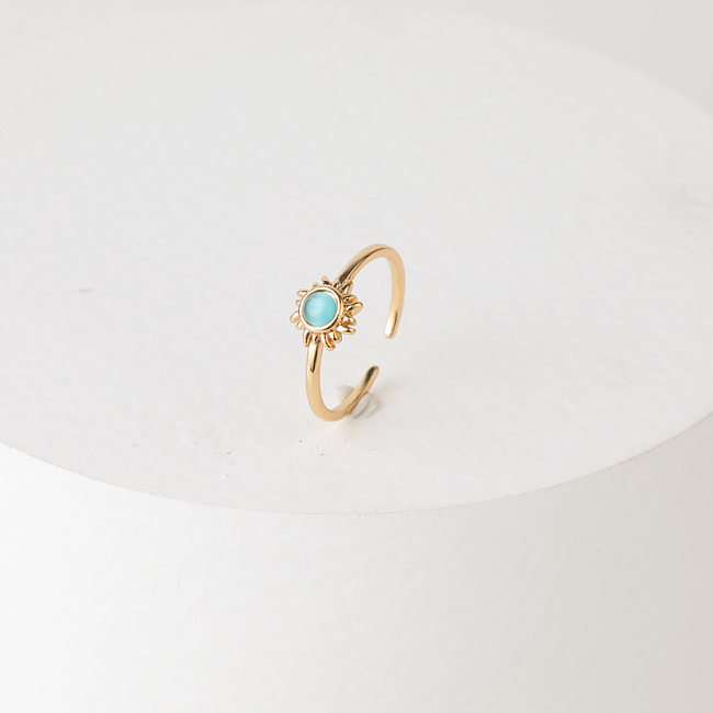 Fashion Retro Sun Gemstone Brass Plated 14k Real Gold Open Adjustable Ring