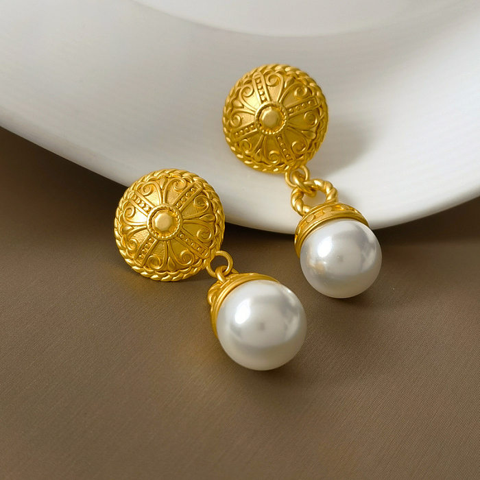 1 par de pendientes de perlas con incrustaciones de cobre redondos retro