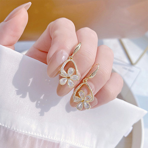 1 Pair IG Style Sweet Petal Plating Inlay Copper Zircon 14K Gold Plated Drop Earrings