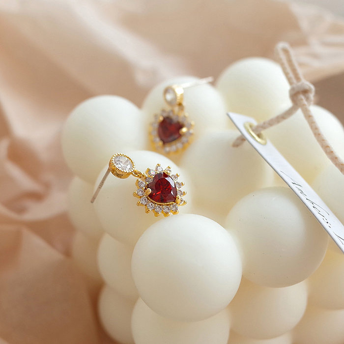 1 Pair Romantic Heart Shape Inlay Copper Artificial Gemstones Drop Earrings