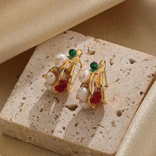 1 Pair Classical Retro Commute C Shape Epoxy Plating Inlay Copper Crystal Freshwater Pearl 18K Gold Plated Ear Studs
