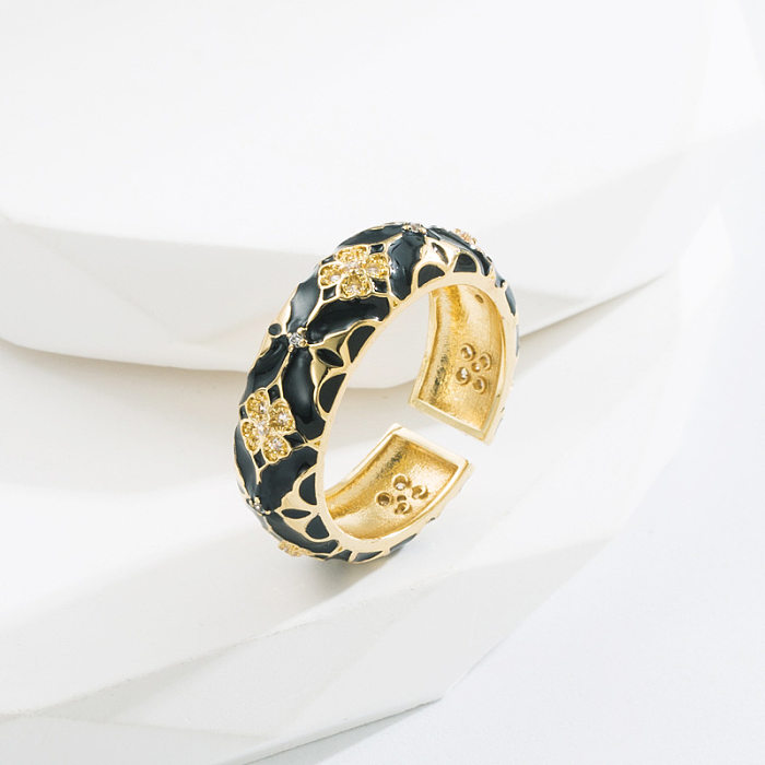 Anéis de cobre retrô trevo de quatro folhas Anéis de cobre esmalte zircão