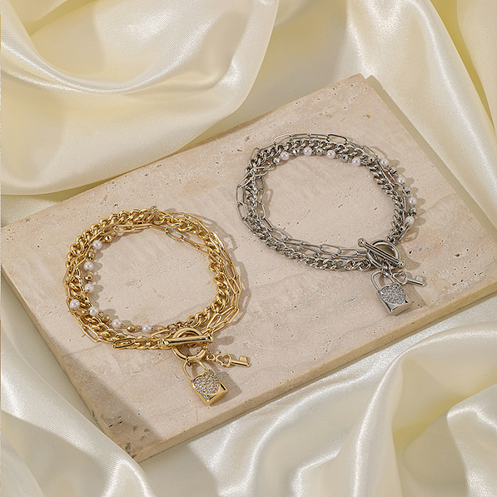 Estilo simples chave de bloqueio cobre toggle chapeamento incrustação pérolas artificiais zircão 18k banhado a ouro pulseiras banhadas a prata