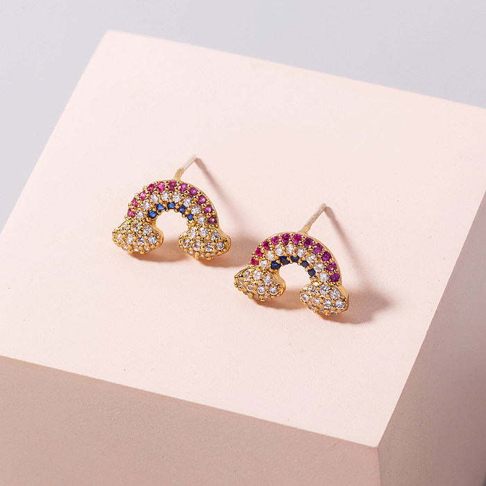 1 Pair Fashion Rainbow Copper Inlay Zircon Ear Studs