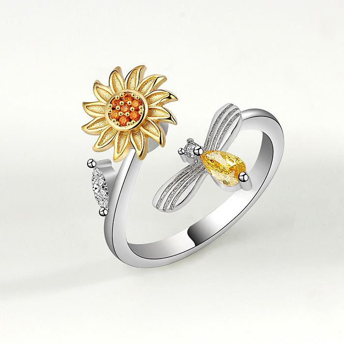 Fashion Adjustable Sun Flower Copper Diamond Rotating Simple Anti-stress Ring