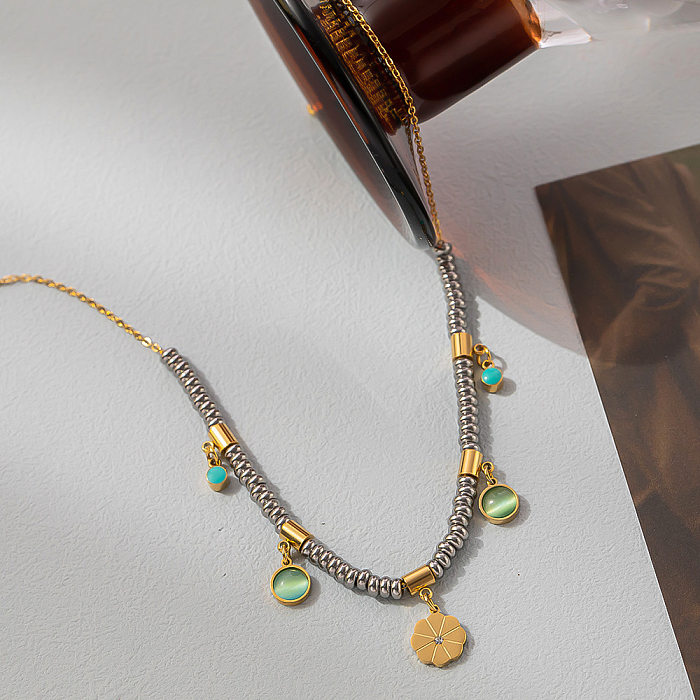 Retro Flower Titanium Steel Beaded Plating Inlay Turquoise Bracelets Necklace