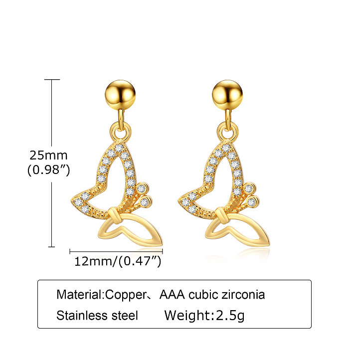 1 Pair Simple Style Flower Butterfly Plating Inlay Stainless Steel Copper Zircon Gold Plated Drop Earrings