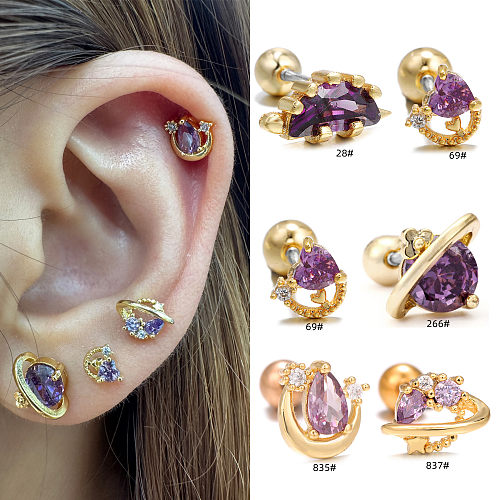 1 Piece IG Style Simple Style Planet Moon Heart Shape Plating Inlay Brass Zircon 18K Gold Plated White Gold Plated Sleeper Earrings  Ear Studs
