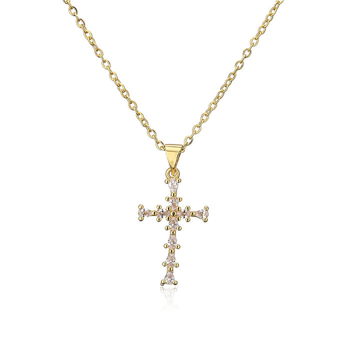 18K Vintage Inlaid Color Zirconium Cross Copper Necklace Wholesale jewelry