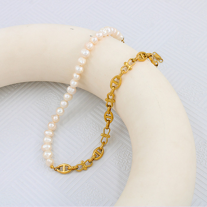 Simple Style Color Block Stainless Steel Freshwater Pearl Beaded Bracelets Necklace