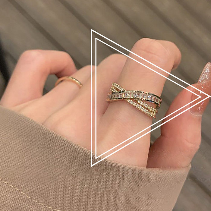 Anel ajustável de abertura simples cruz cheio de diamante anel de dedo indicador de cobre atacado