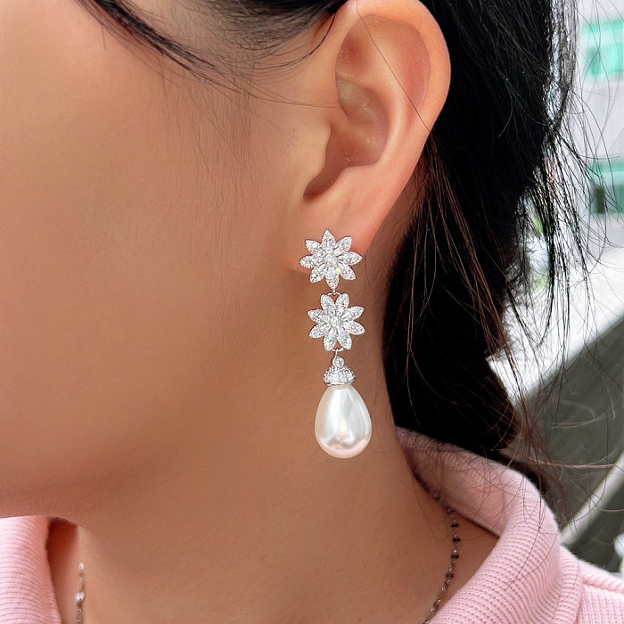 1 Pair Sweet Snowflake Plating Inlay Copper Artificial Pearls Artificial Diamond Silver Plated Drop Earrings