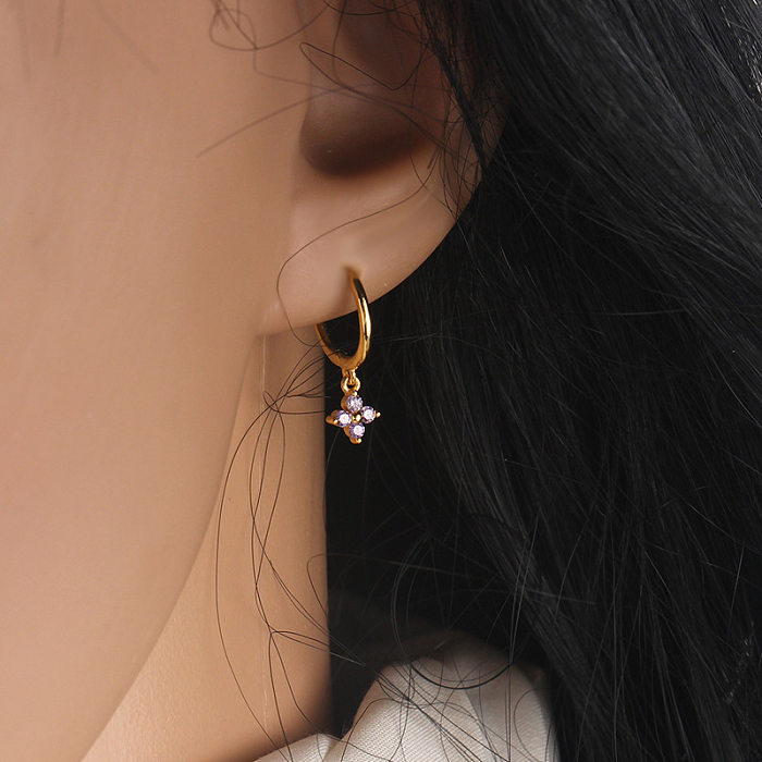 1 paire de boucles d'oreilles élégantes pour femmes, incrustation de placage de fleurs en cuivre et Zircon