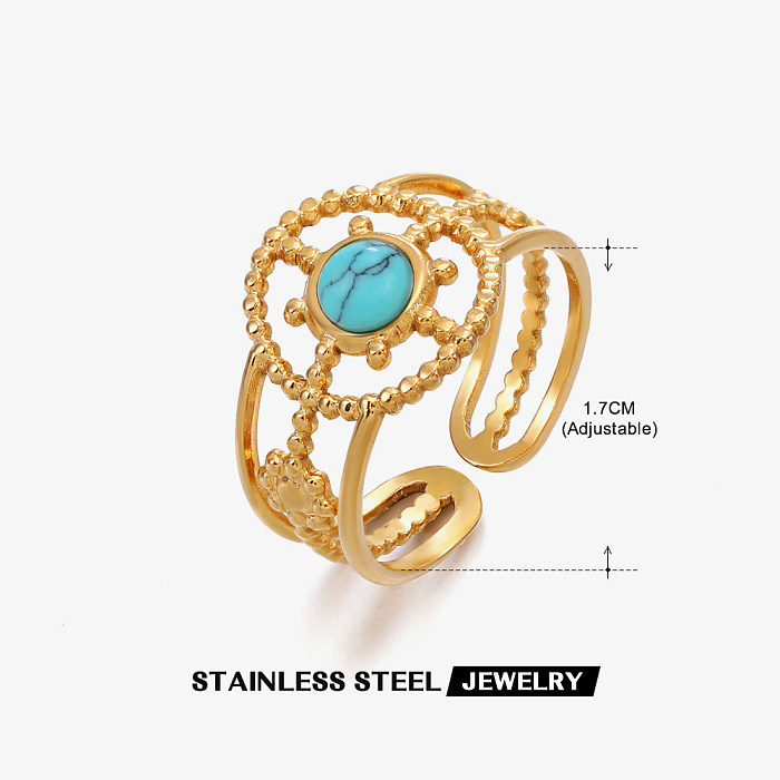 Estilo moderno estilo simples geométrico chapeamento de aço inoxidável incrustação turquesa 18K anéis abertos banhados a ouro