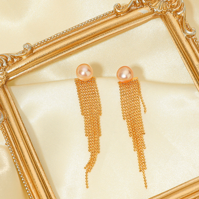 1 paire de boucles d'oreilles plaquées or et cuivre pour femmes, perles d'eau douce