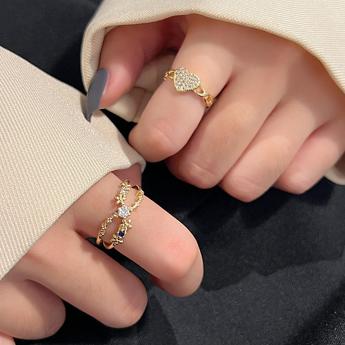 Casual Sweet Heart Shape Copper Plating Inlay Zircon Open Ring