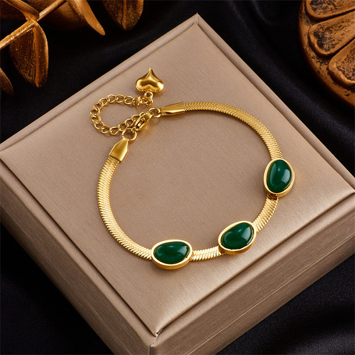 Elegant Retro Geometric Stainless Steel Plating Inlay Artificial Gemstones 18K Gold Plated Bracelets Earrings Necklace