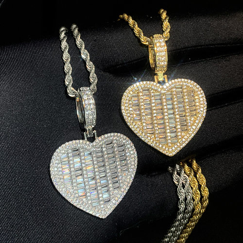 Collier pendentif hip-hop en forme de cœur avec incrustation de cuivre et de zircon