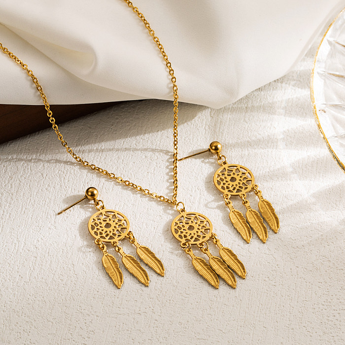 Elegant Dreamcatcher Stainless Steel Hollow Out 18K Gold Plated Earrings Necklace
