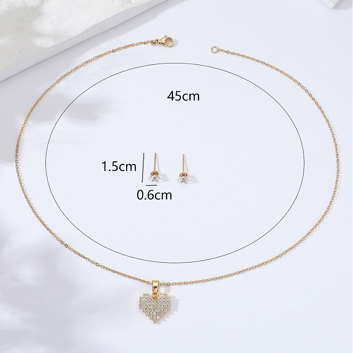 Fashion Stainless Steel Inlaid Zircon Plating 18K Gold Heart Necklace Earrings Set