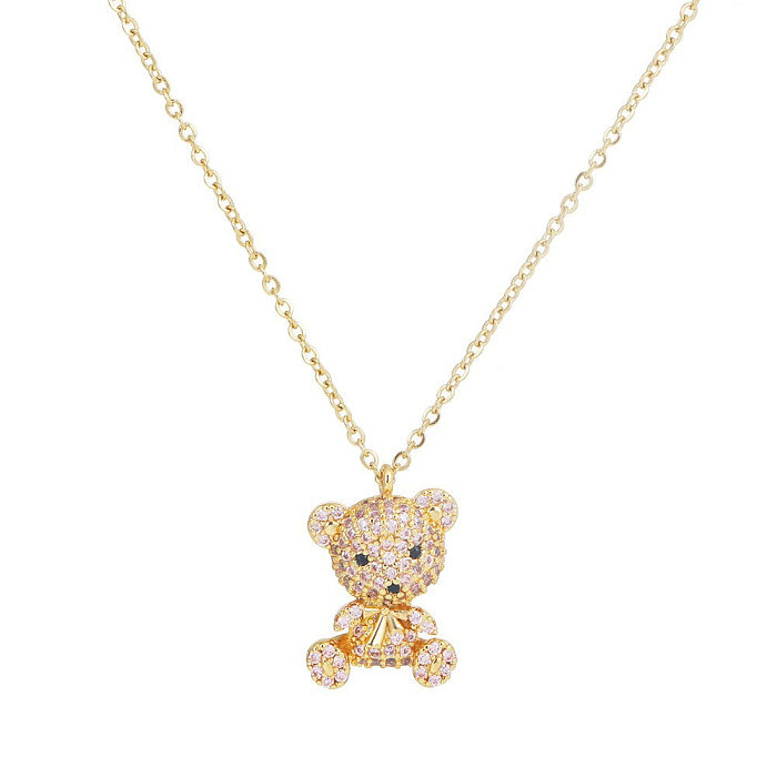 Cute Basic Bear Copper Plating Inlay Zircon Pendant Necklace