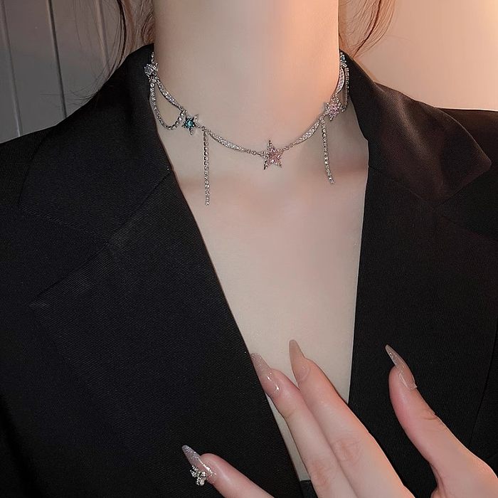 Sweet Star Copper Plating Inlay Artificial Rhinestones Zircon White Gold Plated Choker