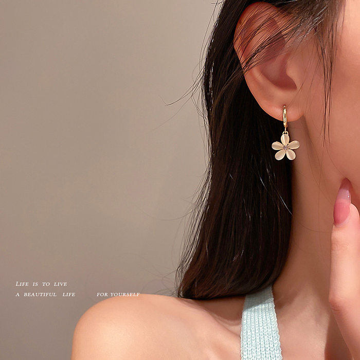 1 Pair Sweet Flower Copper Inlay Rhinestones Opal Drop Earrings
