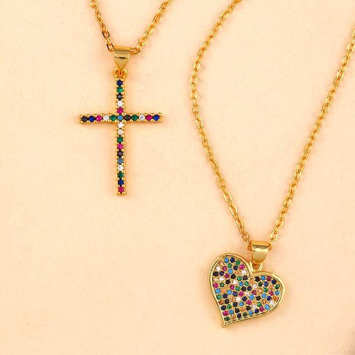 Copper Inlay Zircon Color Cross Heart Necklace NHAS150821