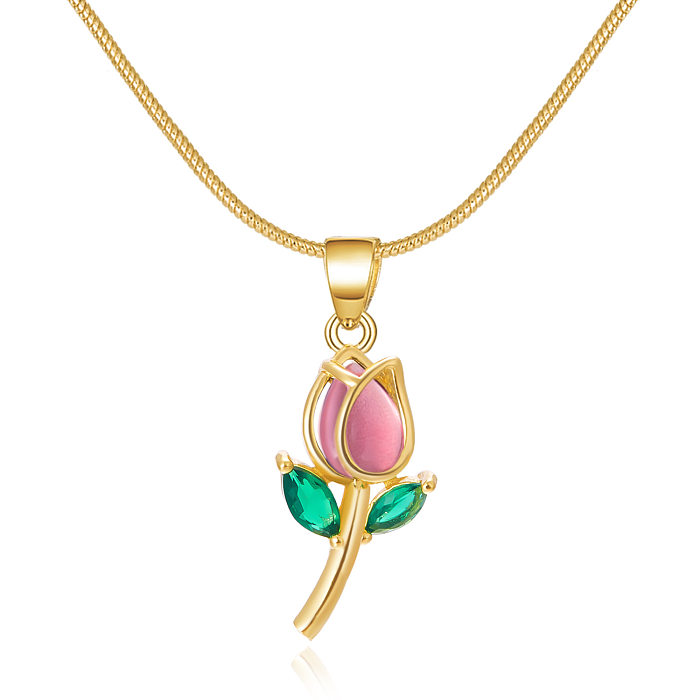 Sweet Tulip Copper Plating Inlay Rhinestones Pendant Necklace