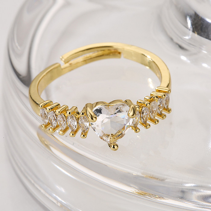 INS Style Basic Oval Heart Shape Copper 18K Gold Plated Zircon Rings In Bulk