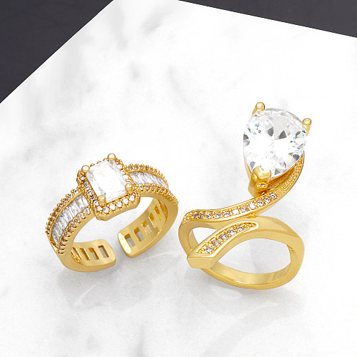 Glam Simple Style Commute Square Water Droplets Copper Plating Inlay Zircon 18K Gold Plated Open Rings