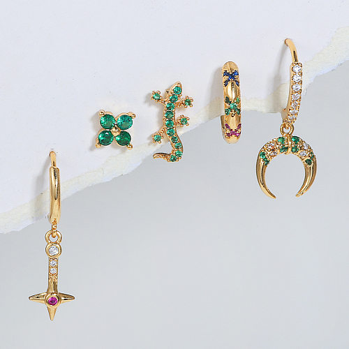 Fashion Animal Moon Flower Copper Inlaid Zircon Earrings 1 Set