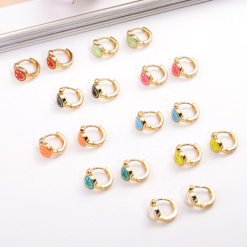 1 Pair IG Style Simple Style Round Smiley Face Enamel Plating Inlay Copper Zircon 18K Gold Plated Earrings