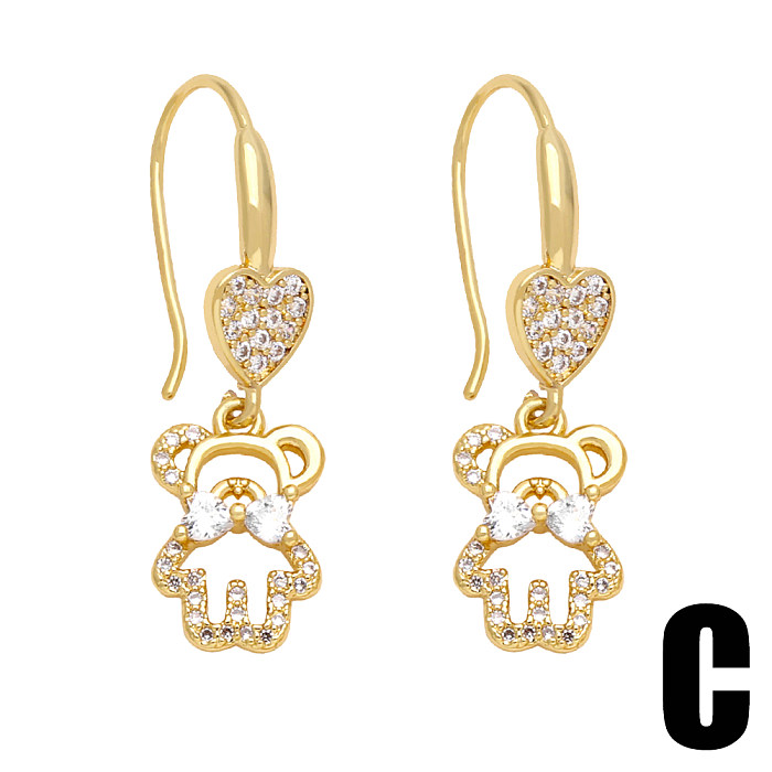 1 Pair Sweet Simple Style Bear Heart Shape Butterfly Plating Inlay Copper Zircon 18K Gold Plated Drop Earrings Ear Hook