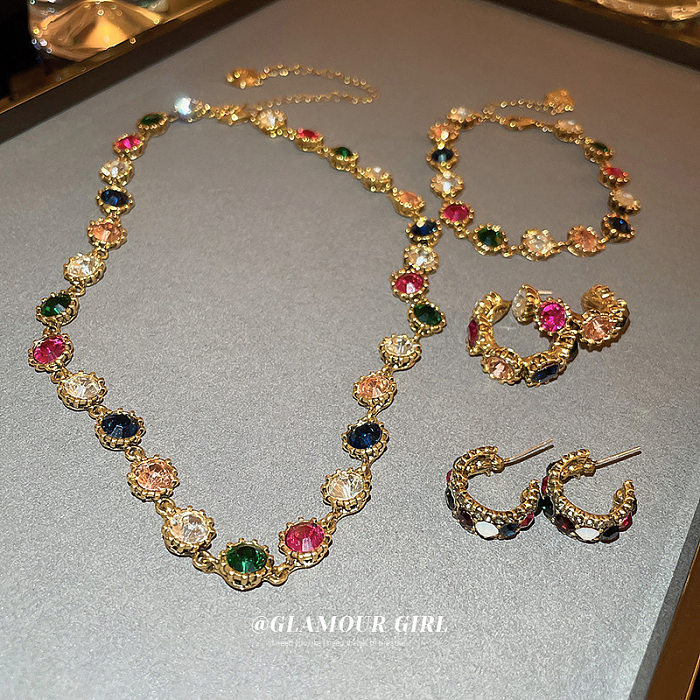 Fashion Round Copper Inlay Rhinestones Women'S Bracelets Earrings Necklace