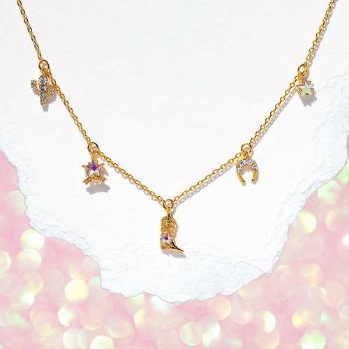 Vintage Style Cactus Hat Boots Copper Plating Inlay Zircon 18K Gold Plated Pendant Necklace